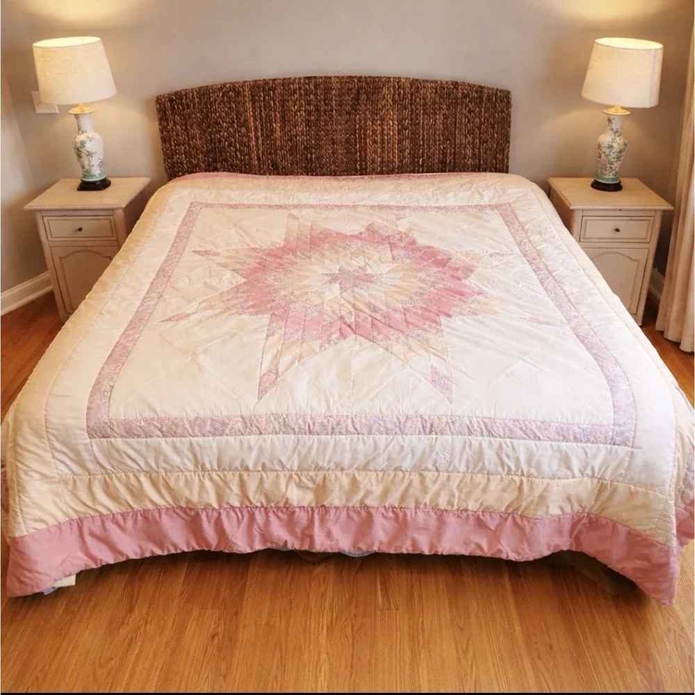 Handmade‎ Vintage Pink White Star Quilt Blanket Thick 110x96